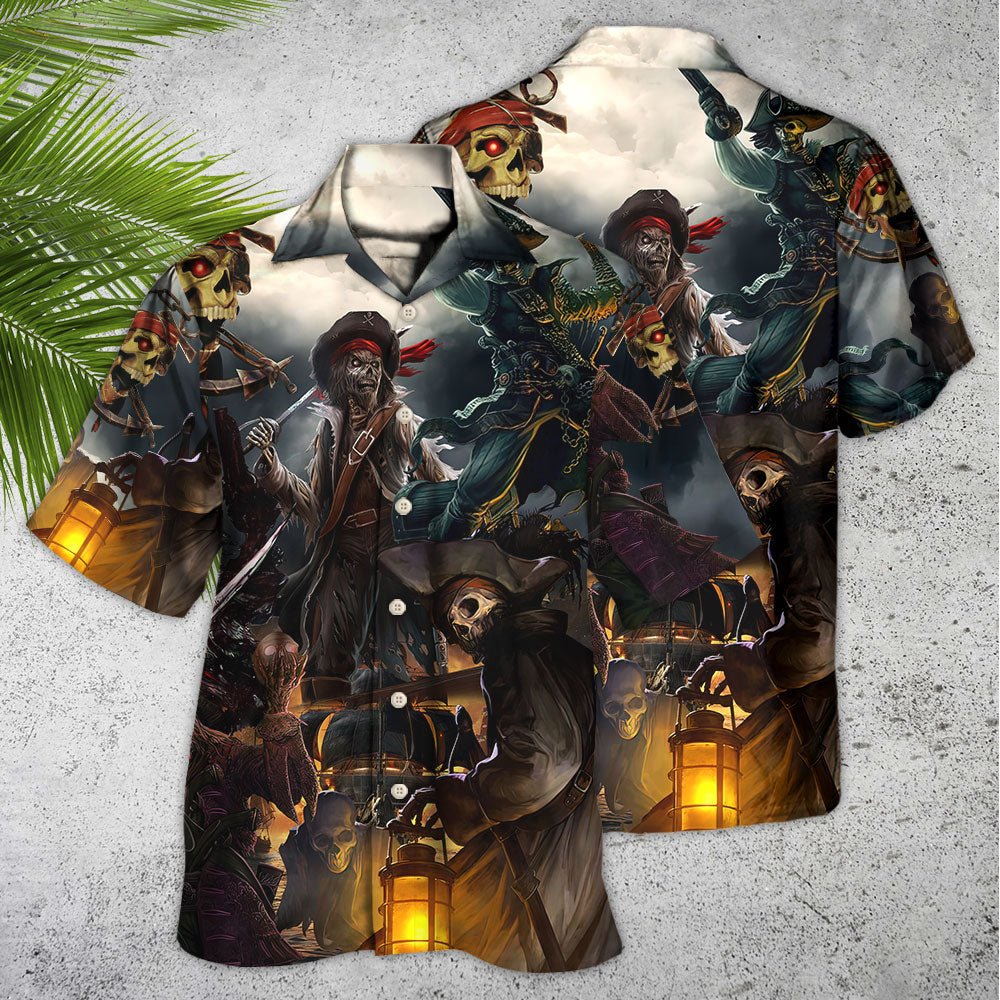 Fantasy Ghost Nautical Pirate Caribbean Hawaiian Shirt Pattern View For Relaxed Warm Weather Outfits
