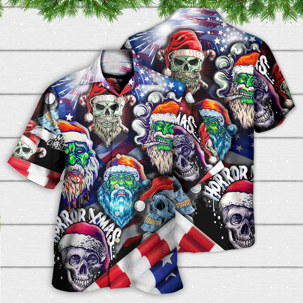 Skull Christmas US Flag Skeleton Hawaiian Shirt Pattern View For Relaxed Warm Weather Outfits