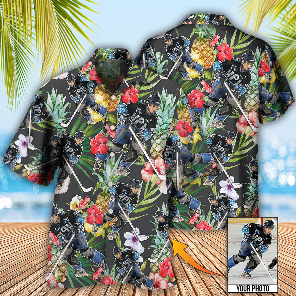 Tropical Floral Hockey Pineapple Custom Photo Hawaiian Shirt Design View For Casual Summer Styling
