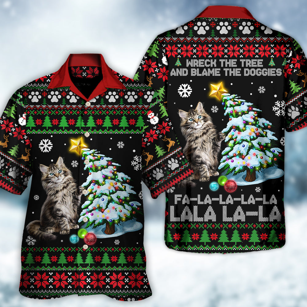 Funny Cat Wreck Tree Light Ugly Christmas Hawaiian Shirt Artwork View For Coastal Escapes And Resort Style