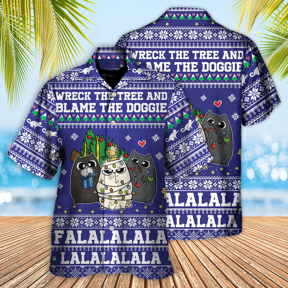 Cat Wreck Tree Meowy Christmas Hawaiian Shirt Artwork Detail For Resort Trips And Outdoor Activities