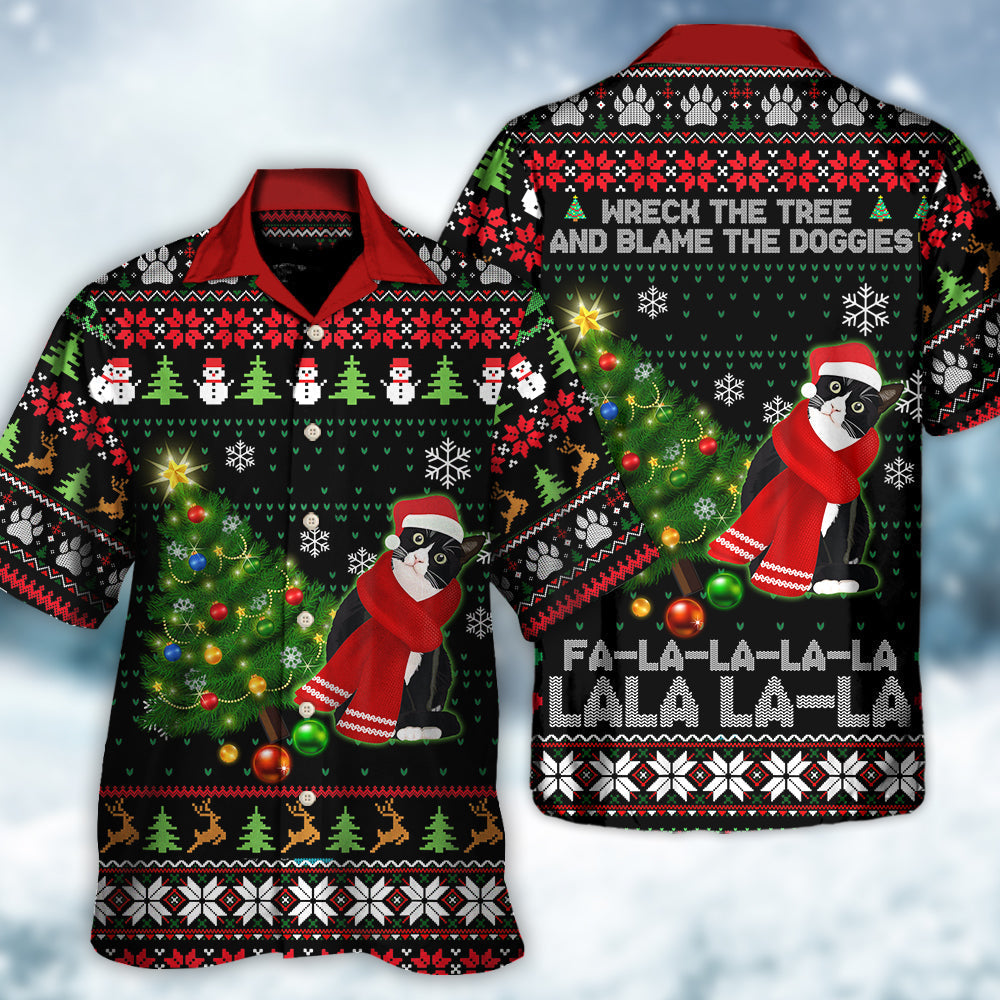 Happy Cat Wreck Tree Ugly Christmas Hawaiian Shirt Artwork Detail For Resort Trips And Outdoor Activities