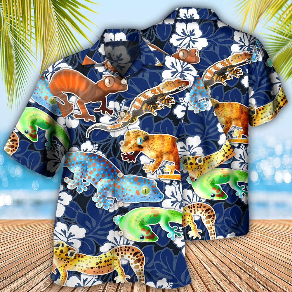 Blue Tropical Floral Leopard Gecko Hawaiian Shirt For Coastal Adventures And Warm Weather Wear