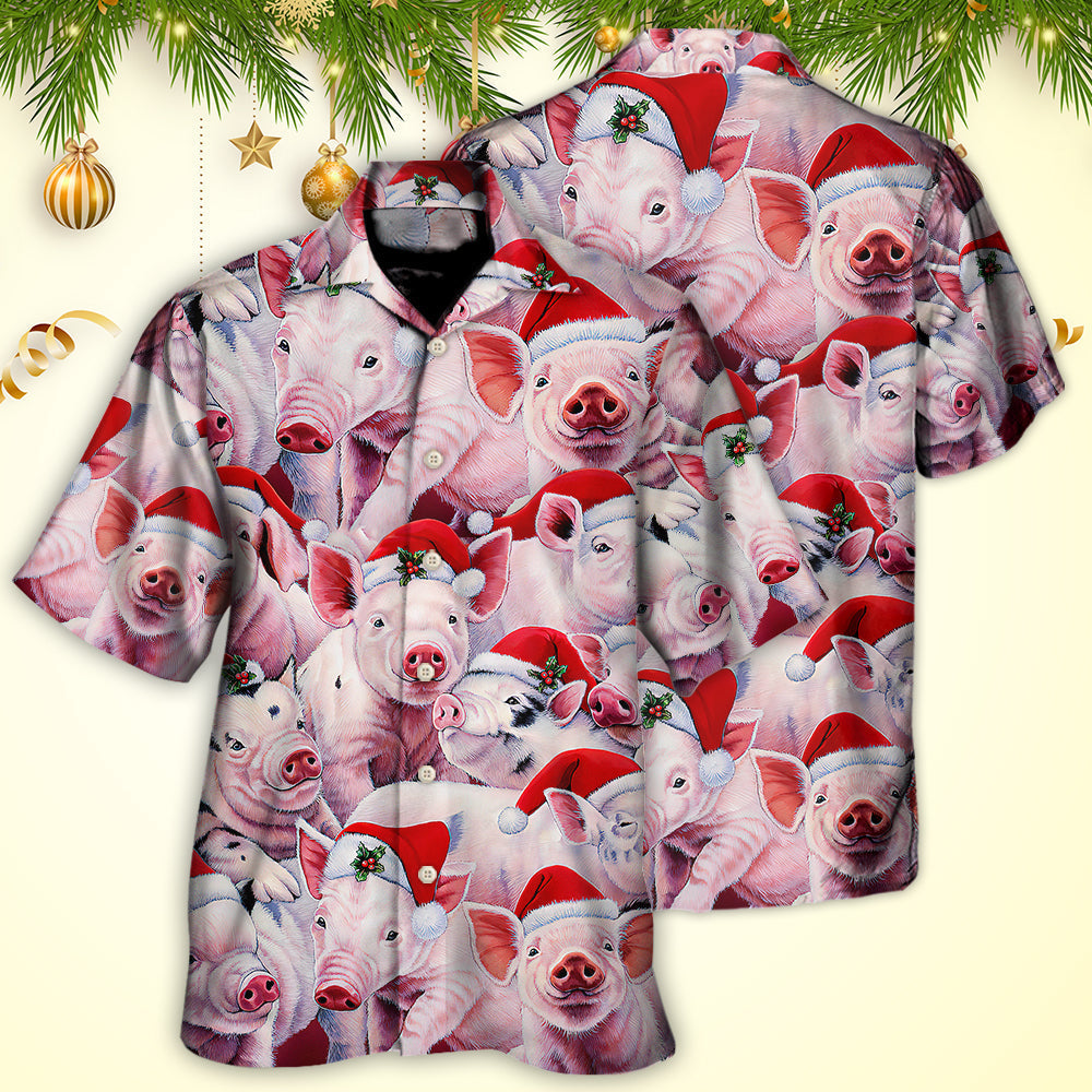 Funny Christmas Piggies Hawaiian Shirt Artwork Detail For Tropical Trips And Casual Outings