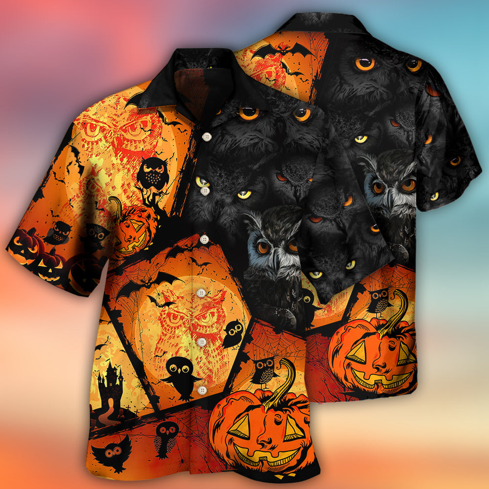 Spooky Halloween Owl Pumpkin Hawaiian Shirt Artwork View For Weekend Travel And Beach Style
