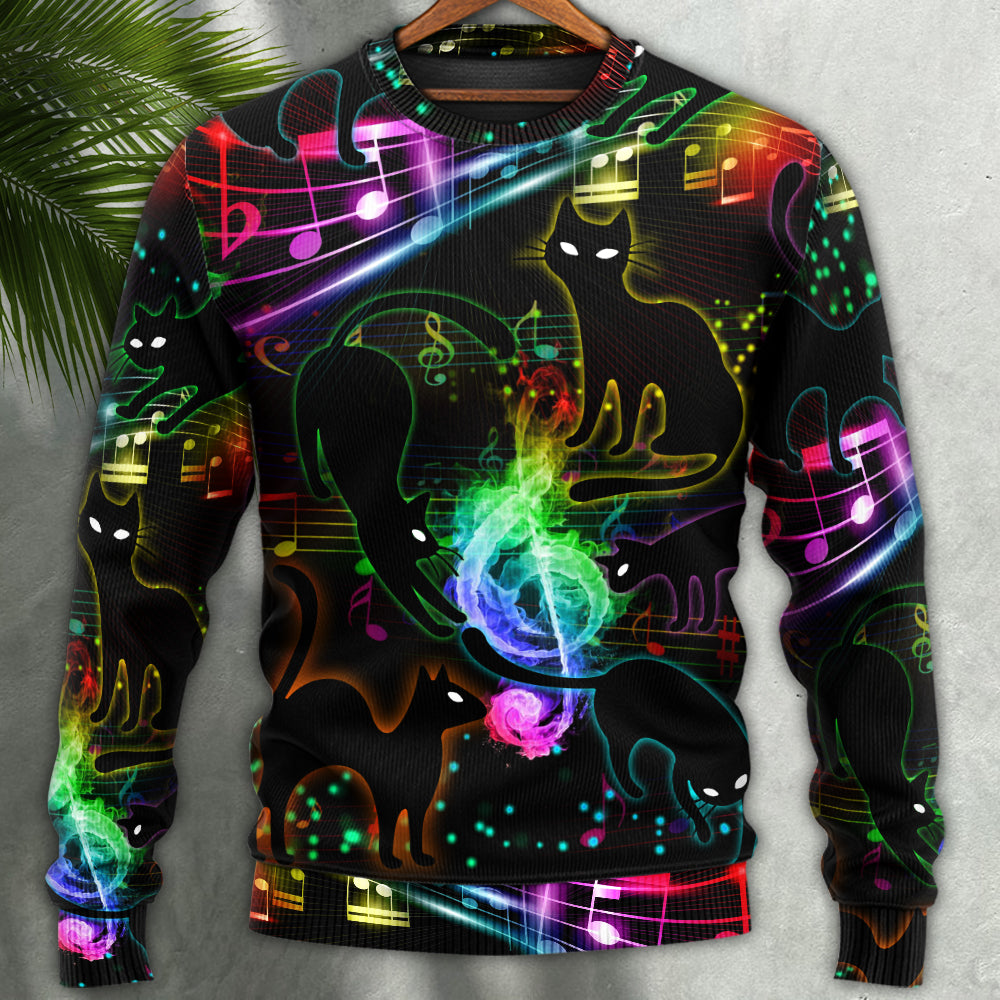 Black Cat Magical Light Music Notes Sweater For Holidays Parties And Comfortable Everyday Wear