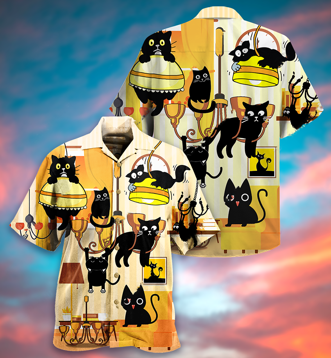 Black Yellow Cat Dinner Hawaiian Shirt Artwork Detail For Tropical Trips And Casual Outings