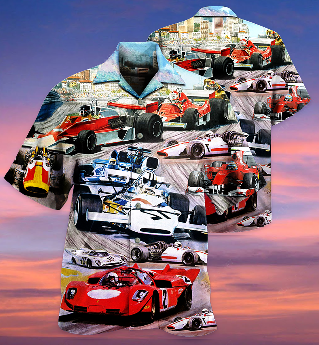 Racing Car Hawaiian Shirt With Detailed Graphic For Resort Travel Summer Outings And Casual Gatherings
