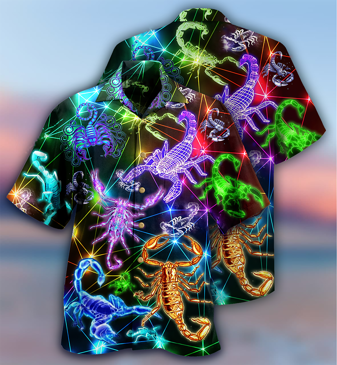 Neon Colorful Scorpion Hawaiian Shirt With Detailed Graphic For Summer Travel Coastal Events And Thoughtful Gift Giving
