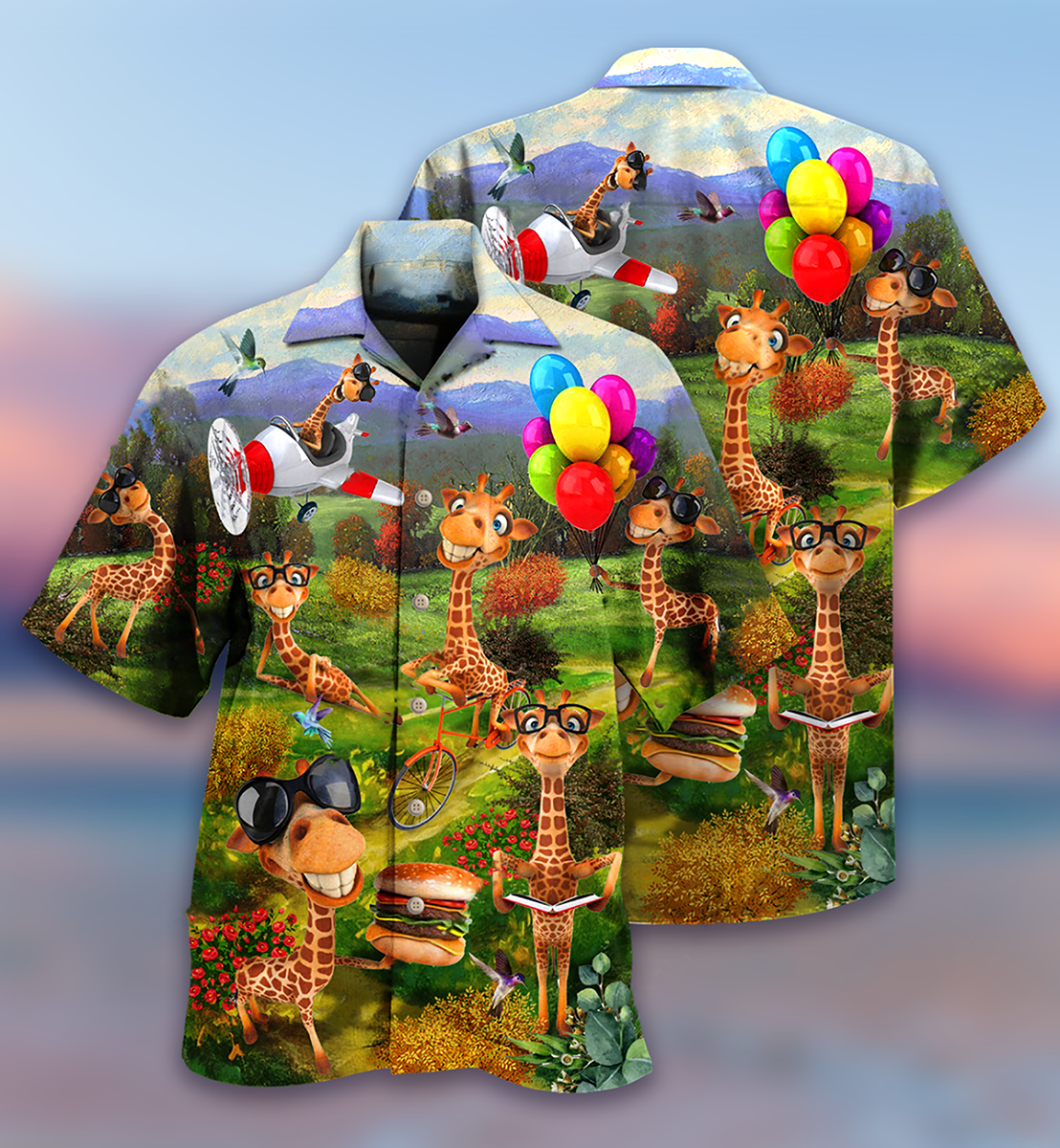 Happy Giraffe Smiling Hawaiian Shirt Pattern View For Relaxed Warm Weather Outfits