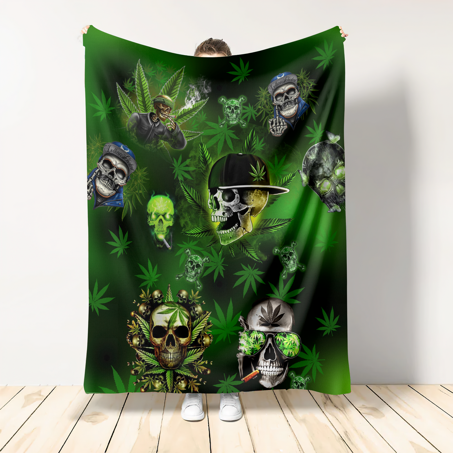 Green Skull Art Flannel Blanket For Cozy Bedroom Sofa Decor