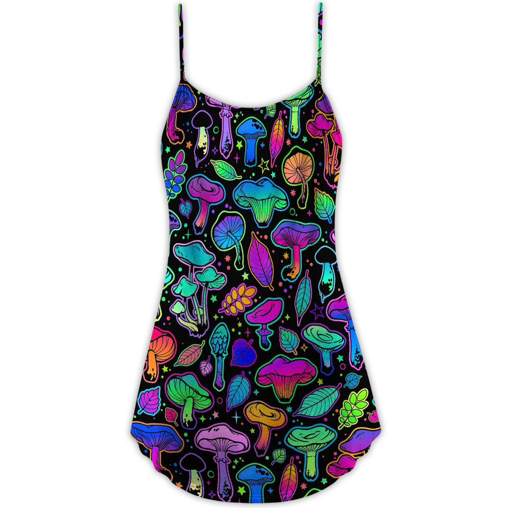 Mushroom Neon Colorful Leaf V-Neck Sleeveless Cami Dress For Summer Getaways Parties And Expressive Hippie Style