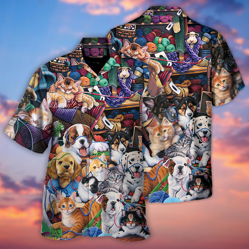 Dog Cat Yarn Together Hawaiian Shirt Front Pattern View For Vacation Style