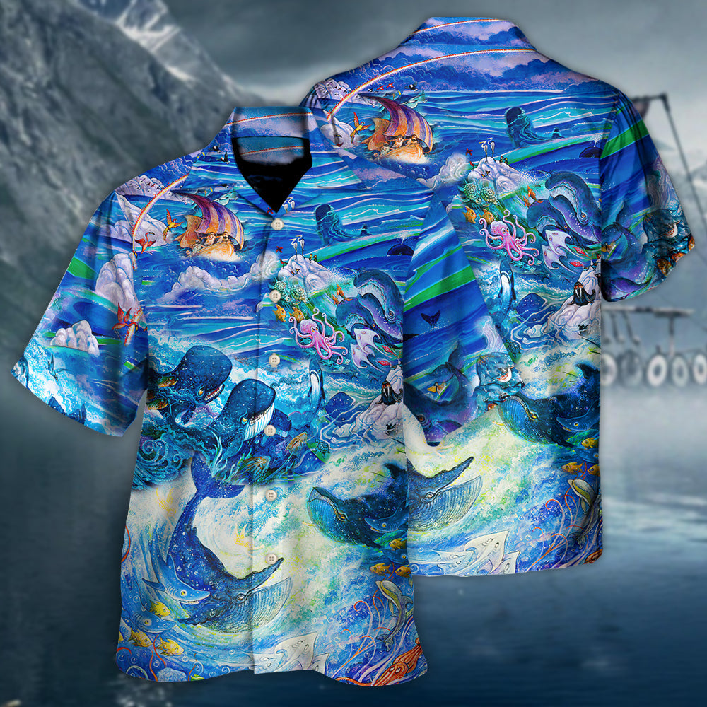 Shark Adventure Hawaiian Shirt Fabric Pattern Detail For Casual Outings