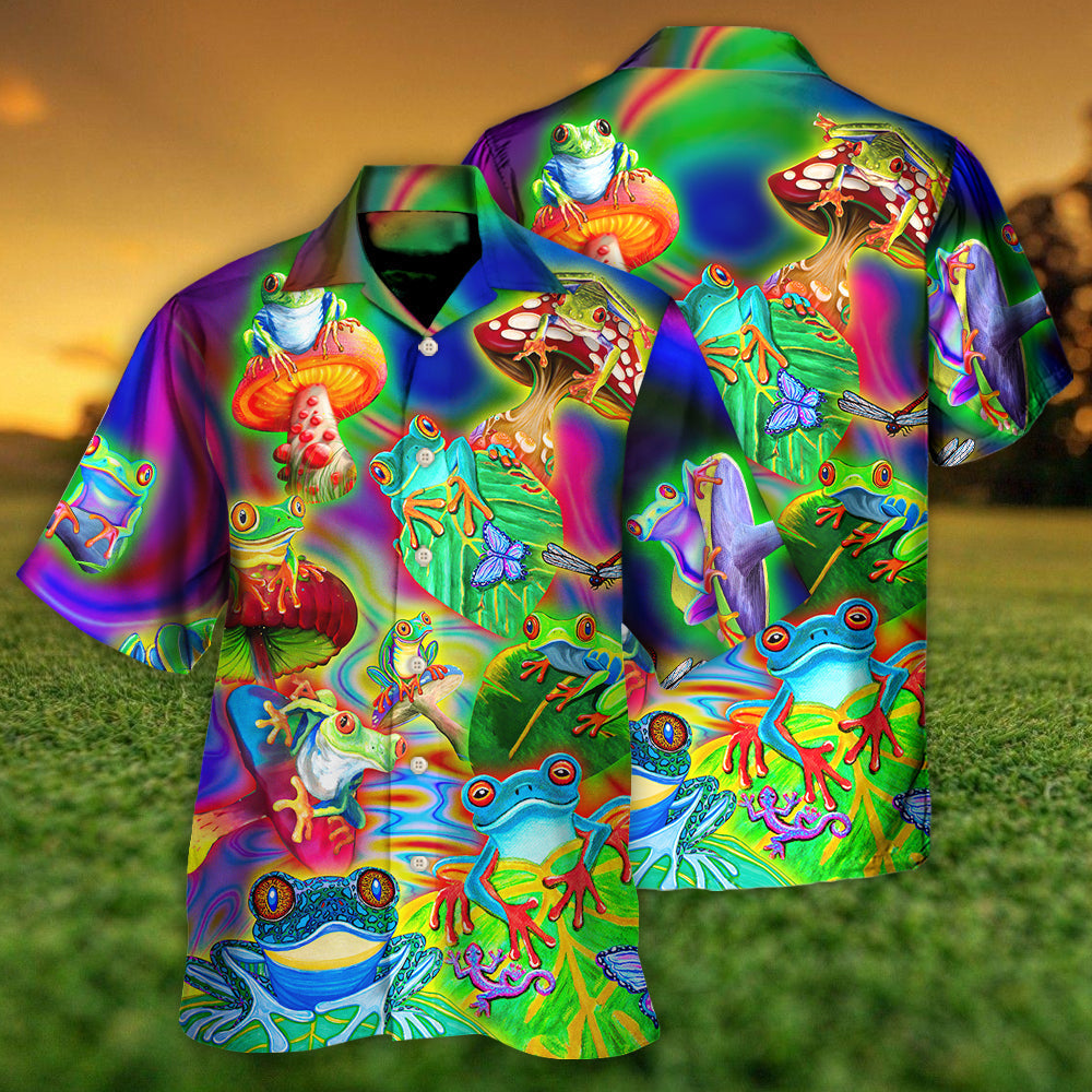 Colorful Tropical Frog Fun Hawaiian Shirt Pattern Detail For Tropical Vacations