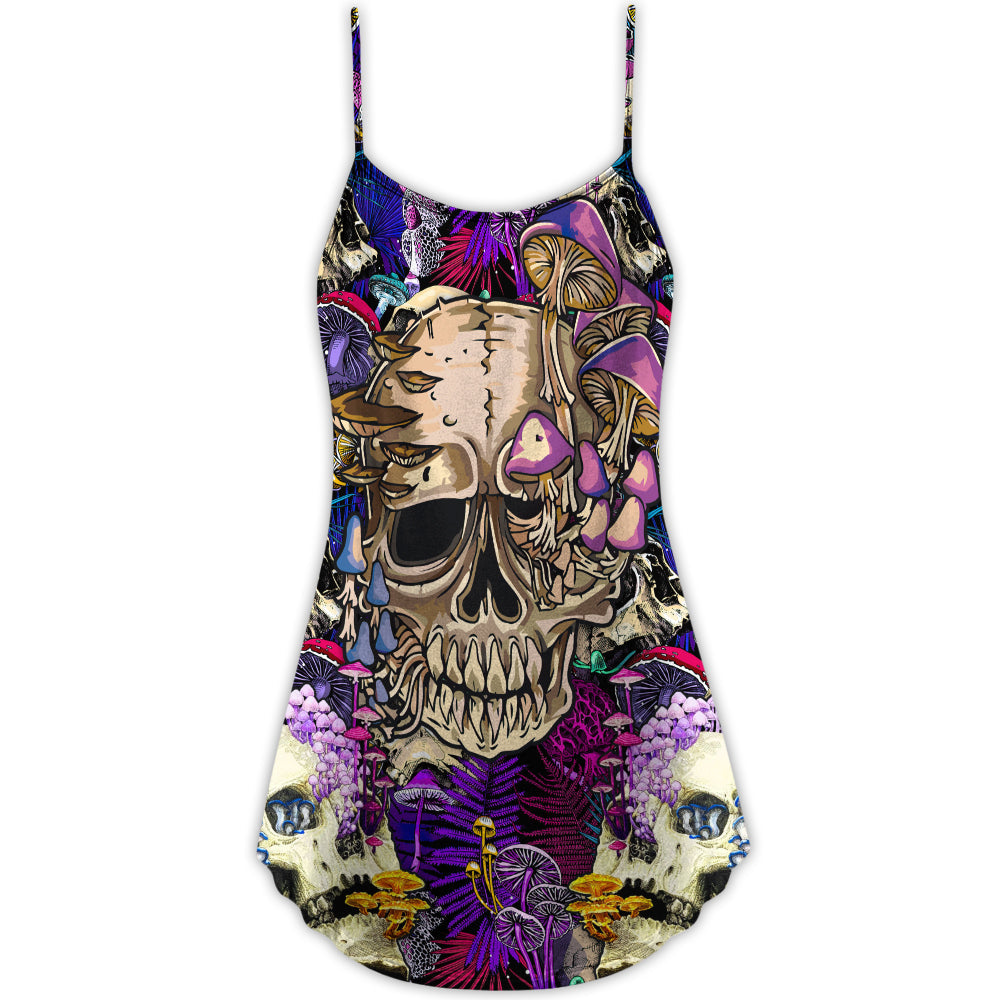 Skull Mushroom Psychedelic Magic V-Neck Sleeveless Cami Dress For Summer Events And Comfortable Everyday Style