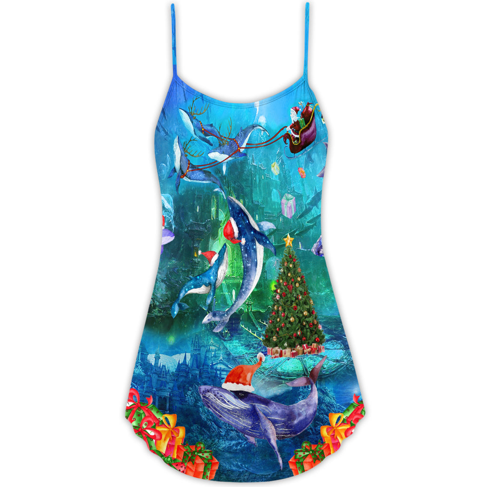 Christmas Whales Under The Sea V-Neck Sleeveless Cami Dress For Festive Events And Casual Summer Styling