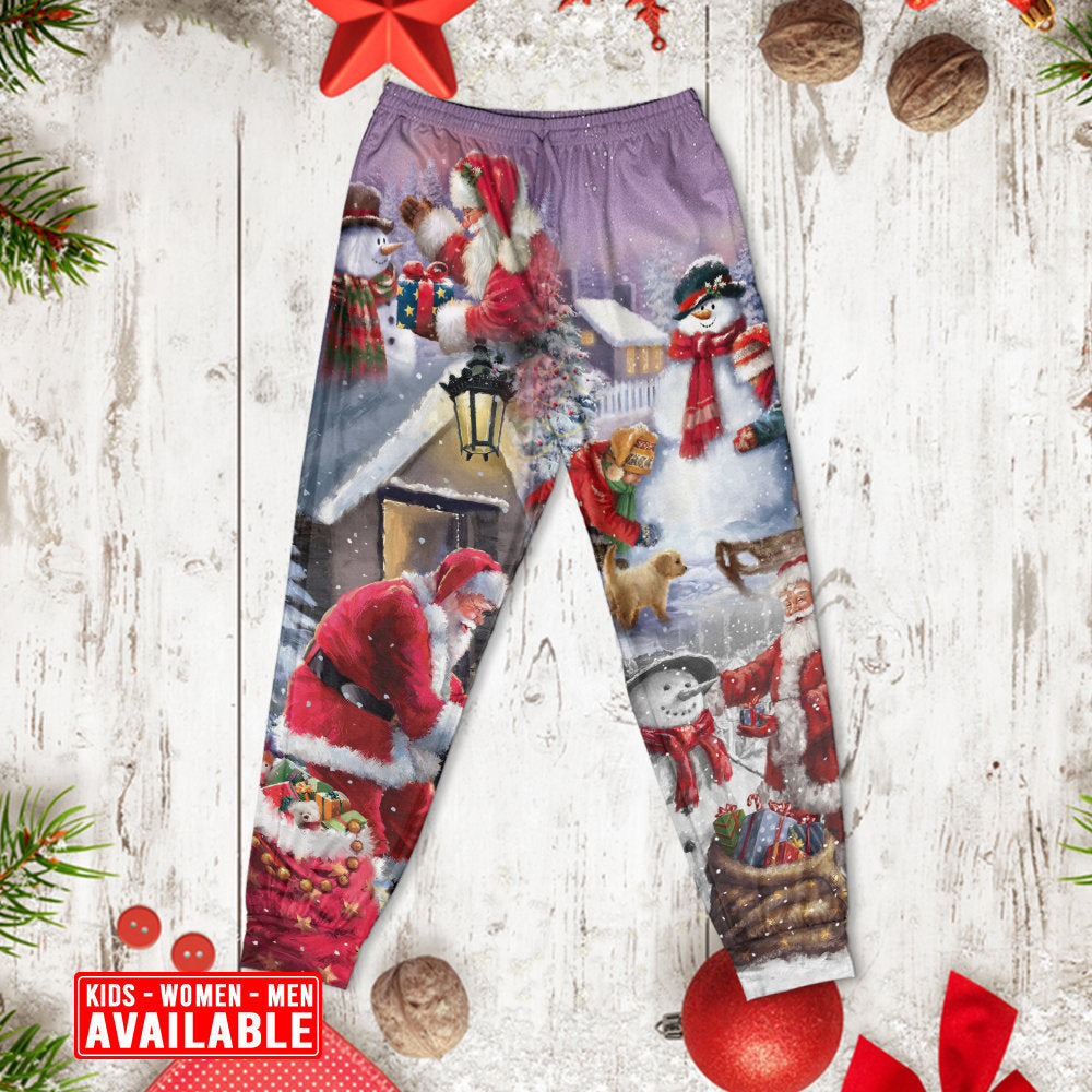 Santa Building A Snowman Gift Long Sleeve Pajamas Set For Holiday Travel And Comfortable Home Wear