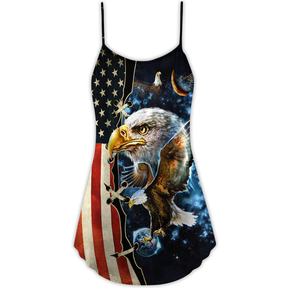 Galaxy Eagle Wildlife V-Neck Sleeveless Cami Dress For Summer Vacations Festivals And Casual Everyday Wear