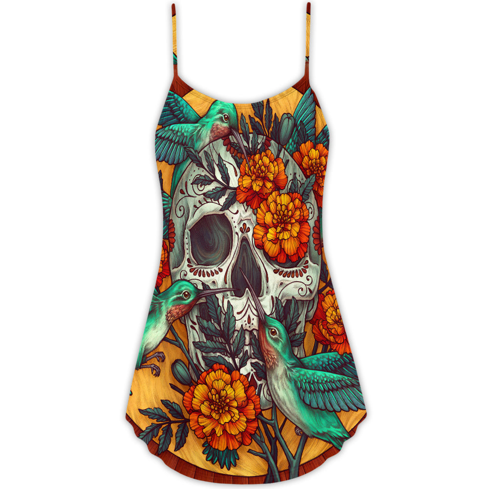 Floral Skull And Hummingbird V-Neck Sleeveless Cami Dress For Festivals And Distinctive Alternative Styling