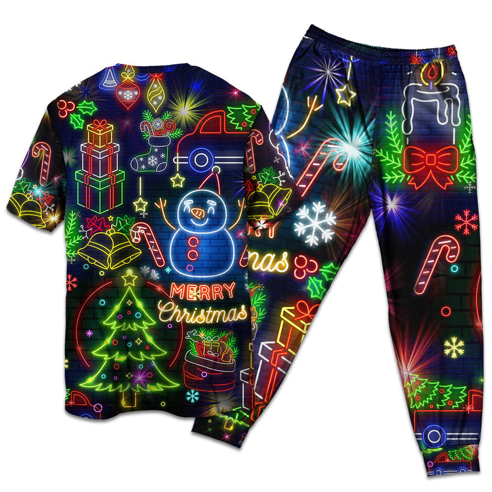 Bright Neon Christmas Lights Short Sleeve Pajamas Set For Winter Nights And Thoughtful Gifting