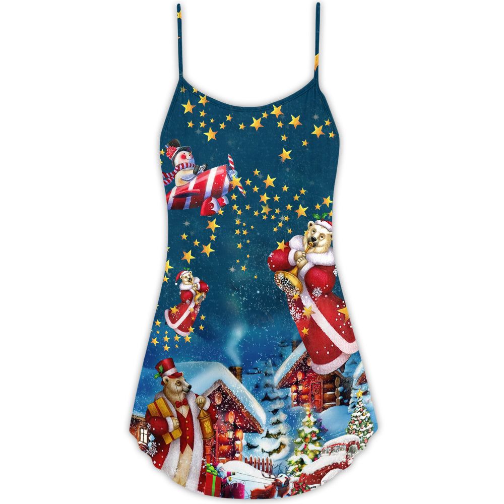 Christmas Bear Santa Happy Mood – Women's Summer Sleeveless V-Neck Camisole Dress