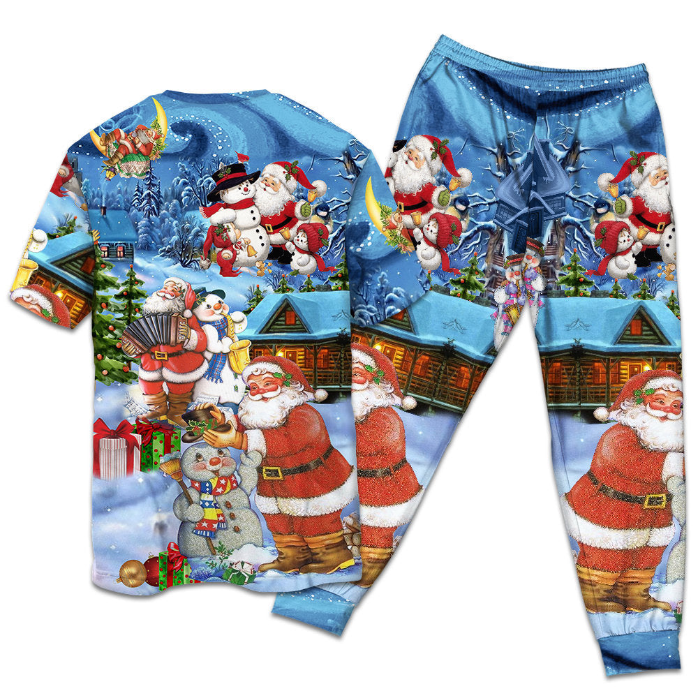 Santa And Snowman Friends Christmas Short Sleeve Pajamas Set For Winter Nights And Thoughtful Gifting