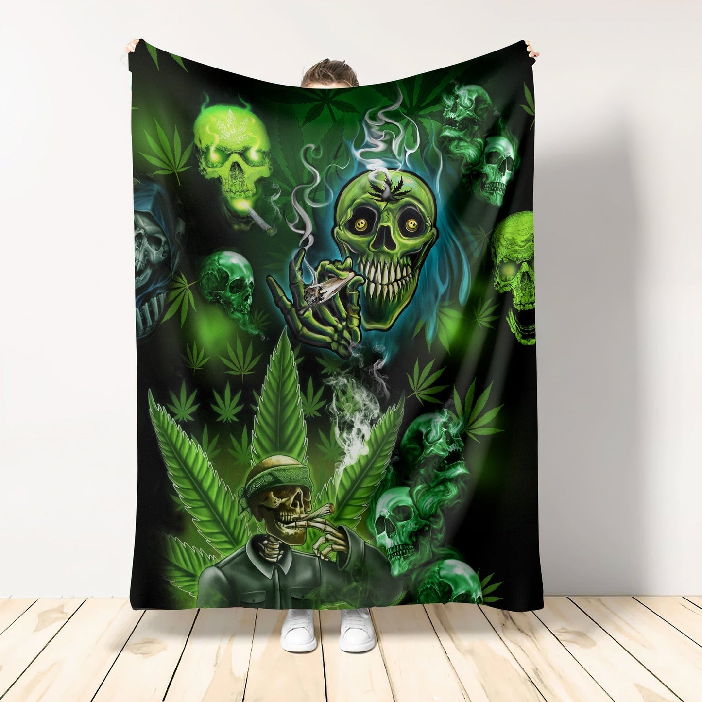 Green Skull Art Flannel Blanket For Cozy Bedroom Sofa Decor