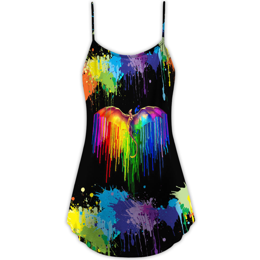 Pride Dragon Color Of Happiness V-Neck Sleeveless Cami Dress For Festivals Travel And Relaxed Casual Summer Wear