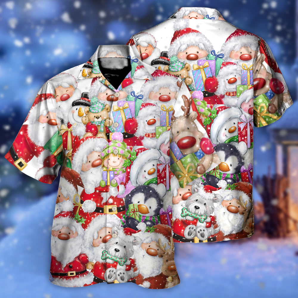 Happy Christmas Santa Friends Together Hawaiian Shirt Pattern Detail For Summer Holidays And Outdoor Fun