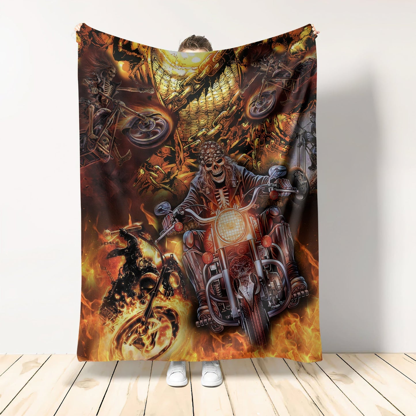 Skull Motorcycle Racing Fast Fire Flannel Blanket For Cozy Bedroom Sofa Decor