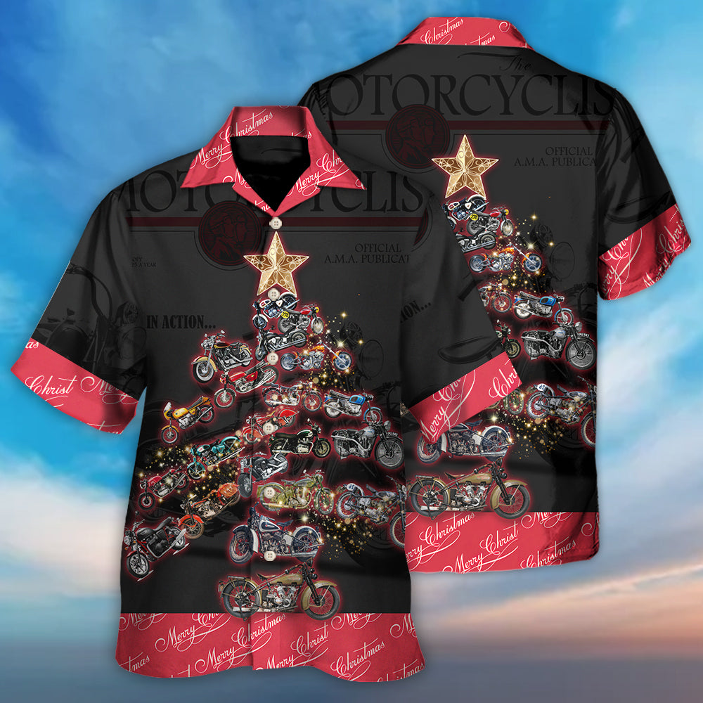 Retro Motorcycle Christmas Tree Hawaiian Shirt Artwork Detail For Tropical Trips And Casual Outings