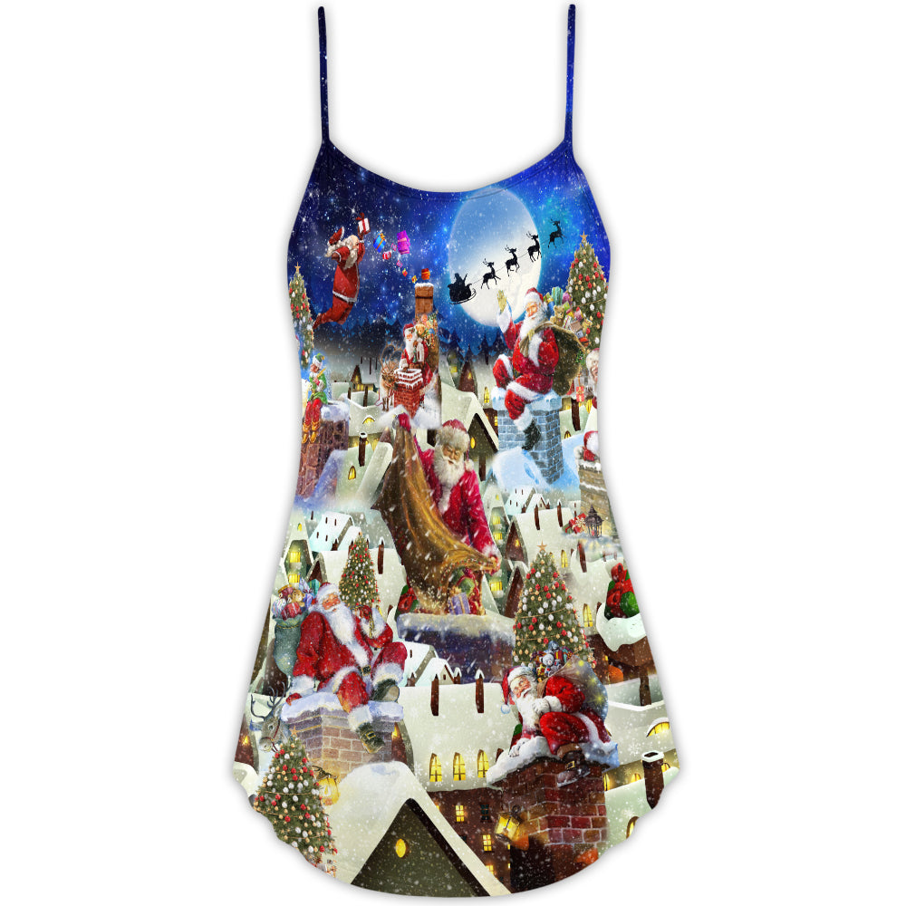 Christmas Rooftop Santa Busy Night V-Neck Sleeveless Cami Dress For Festive Events And Casual Summer Styling