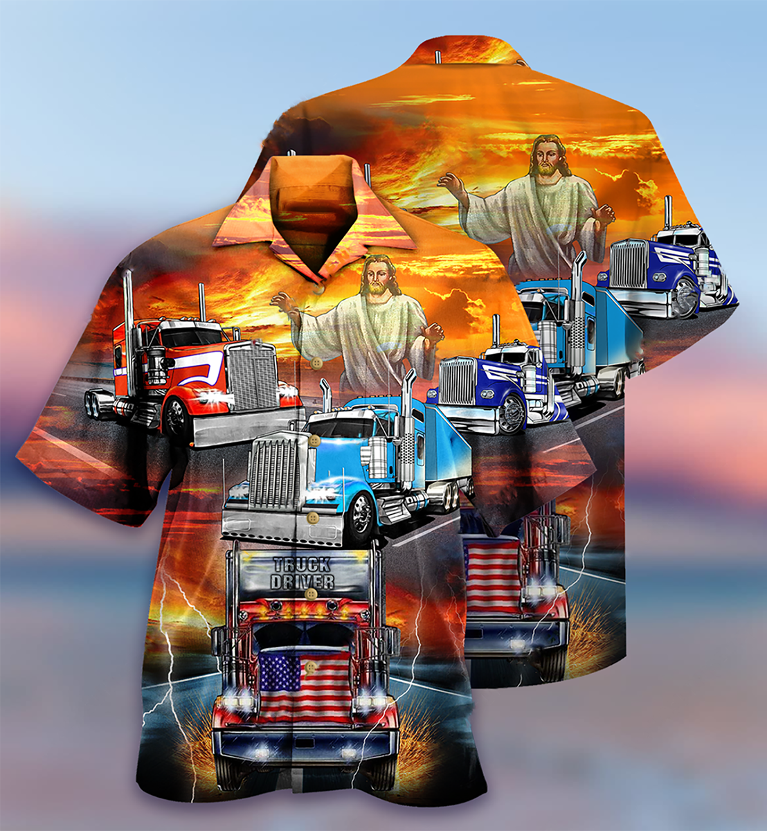 Truck Driver Faith Bless Sunset Hawaiian Shirt Artwork View For Coastal Escapes And Resort Style