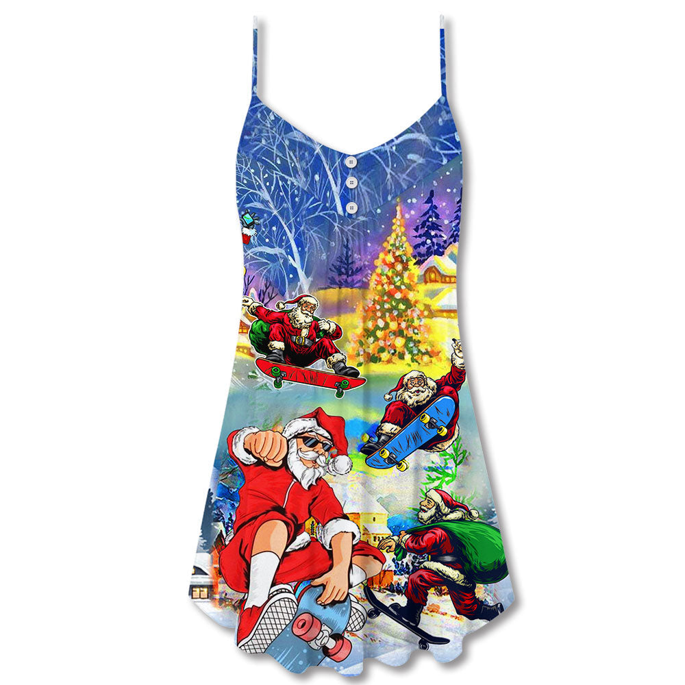 Skateboard Christmas Santa Jumping V-Neck Sleeveless Cami Dress For Summer Events And Comfortable Everyday Style