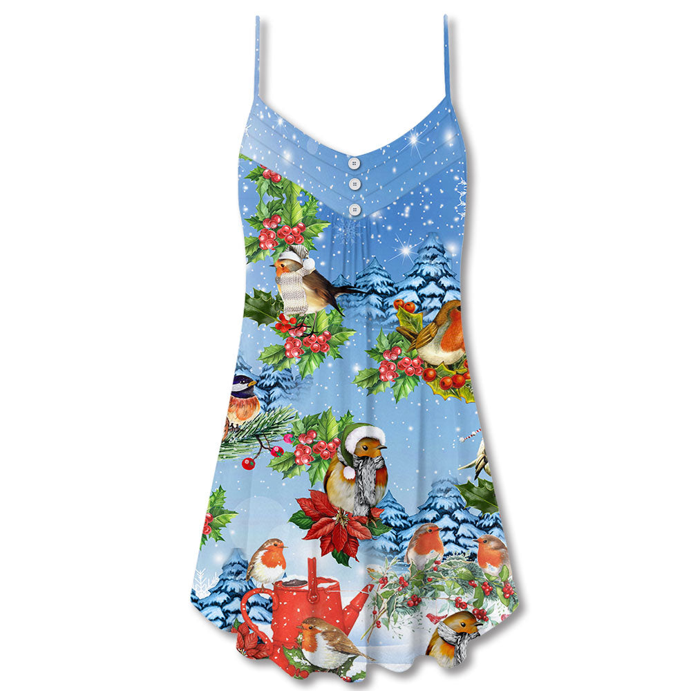 Robin Birds Merry Christmas – Women's Summer Sleeveless V-Neck Camisole Dress