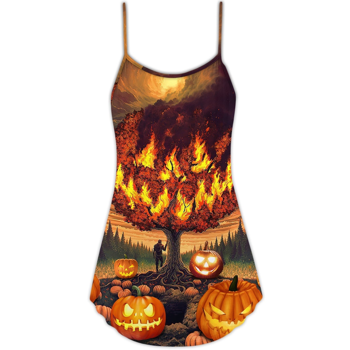 Halloween Burning Pumpkin Style – Women's Summer Sleeveless V-Neck Camisole Dress