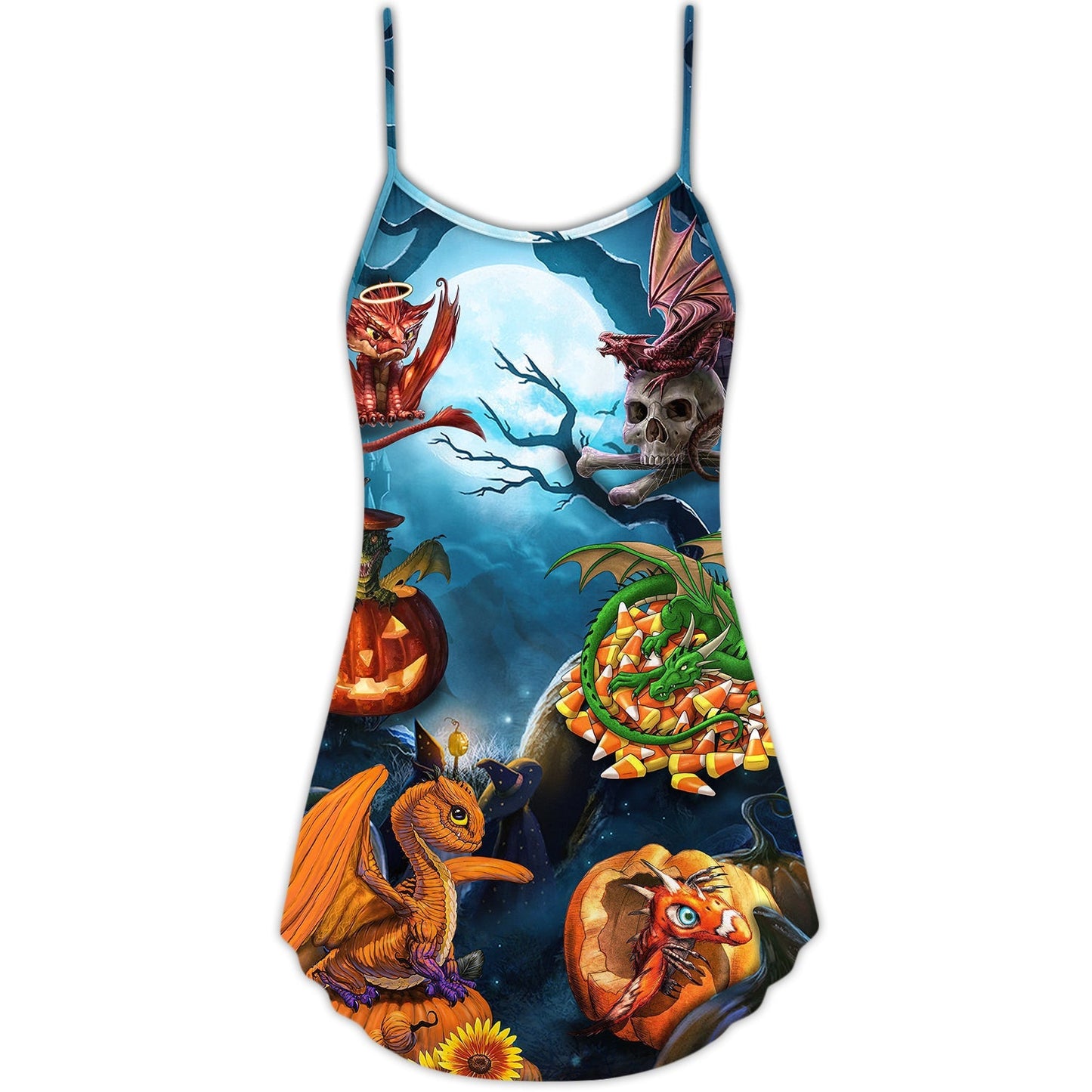Halloween Dragon Pumpkin Night V-Neck Sleeveless Cami Dress For Spooky Season Events And Relaxed Casual Styling