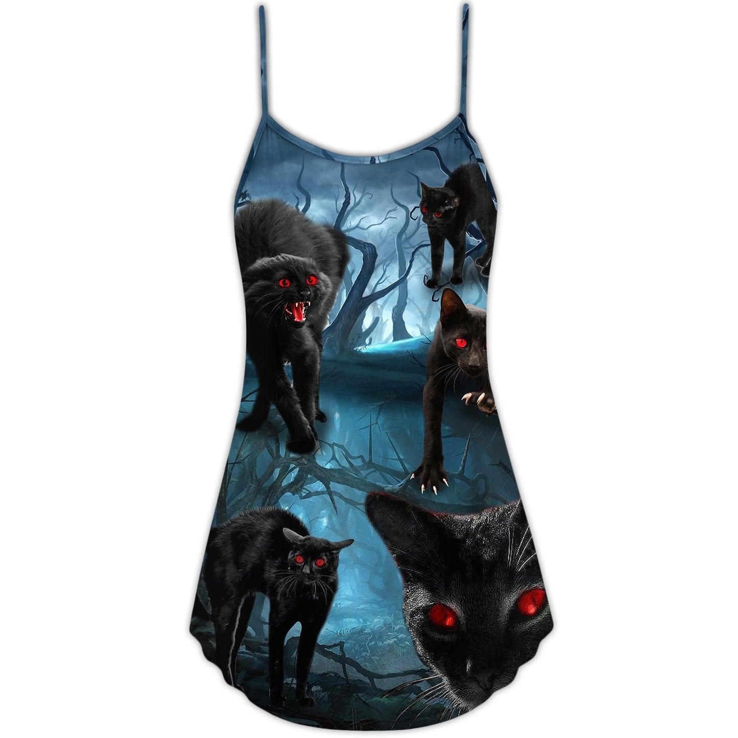 Halloween Black Cat Scary Style V-Neck Sleeveless Cami Dress For Spooky Season Events And Relaxed Casual Styling