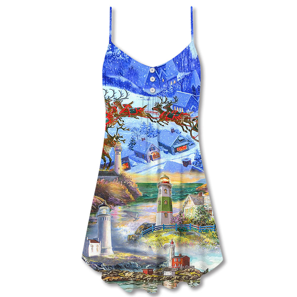 Lighthouse Santa Through Storm V-Neck Sleeveless Cami Dress For Festive Events And Casual Summer Styling