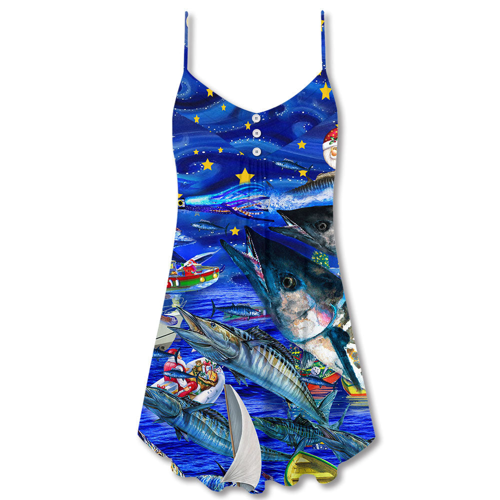 Fish Love Ocean Blue Christmas – Women's Summer Sleeveless V-Neck Camisole Dress