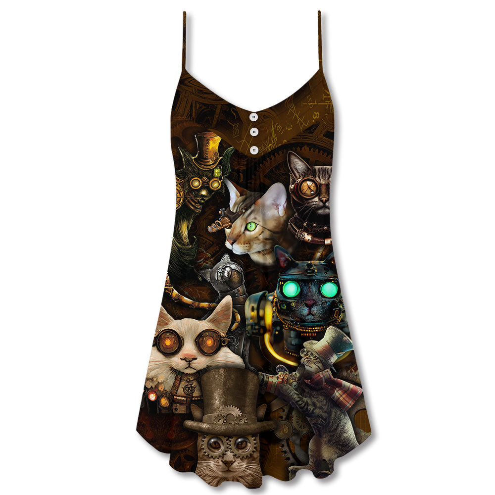 Steampunk Cat Heart Thief V-Neck Sleeveless Cami Dress For Festivals Travel And Relaxed Casual Summer Wear