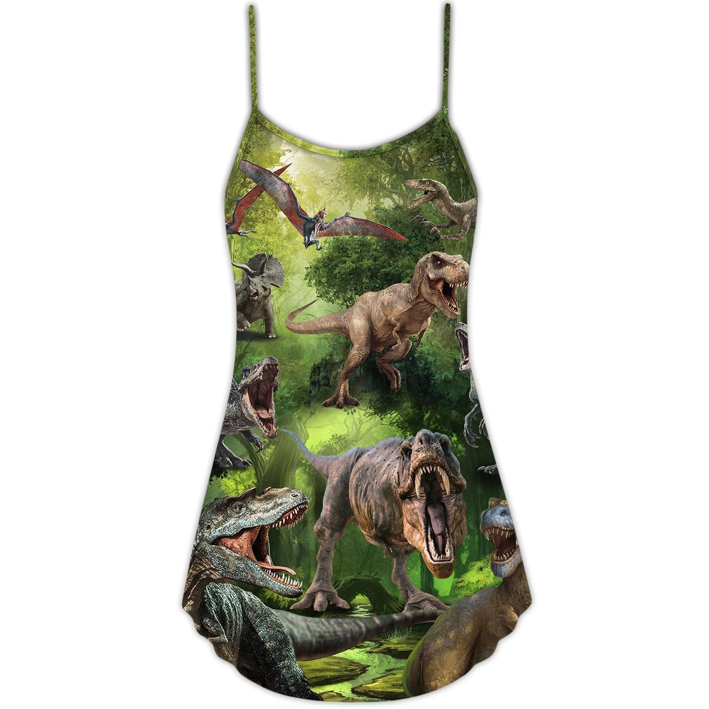 Forest Dinosaur Cool Style V-Neck Sleeveless Cami Dress For Summer Events And Comfortable Everyday Style