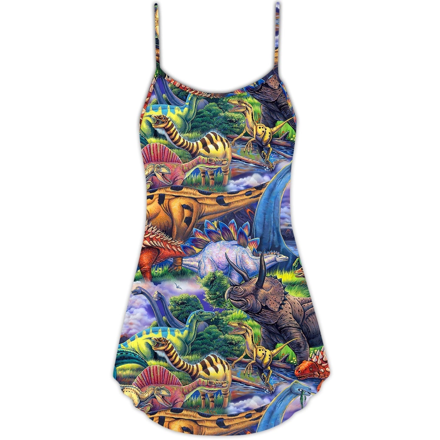 Colorful Dinosaur Art Style V-Neck Sleeveless Cami Dress For Animal Lovers Beach Trips And Relaxed Everyday Wear