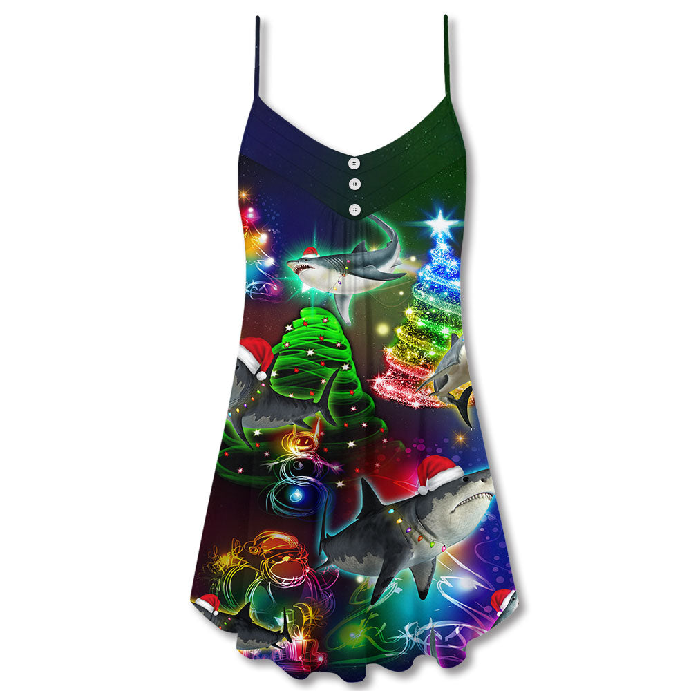 Shark Christmas Neon Style – Women's Summer Sleeveless V-Neck Camisole Dress
