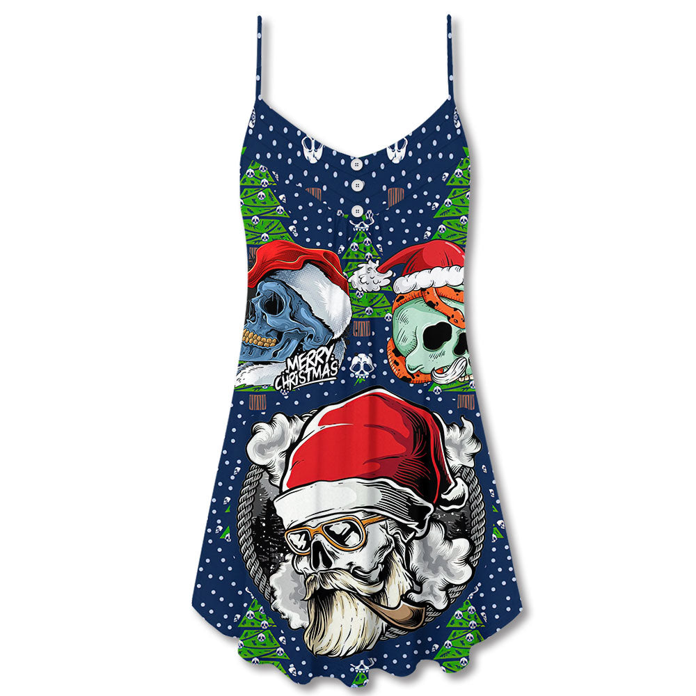 Skull With Santa Hat Merry Christmas Snow – Women's Summer Sleeveless V-Neck Camisole Dress