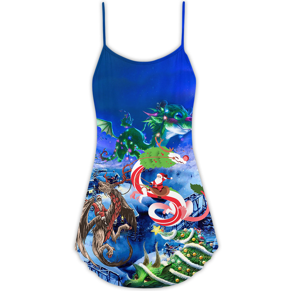 Christmas Santa Riding Dragon V-Neck Sleeveless Cami Dress For Vacations And Casual Warm Weather Wear