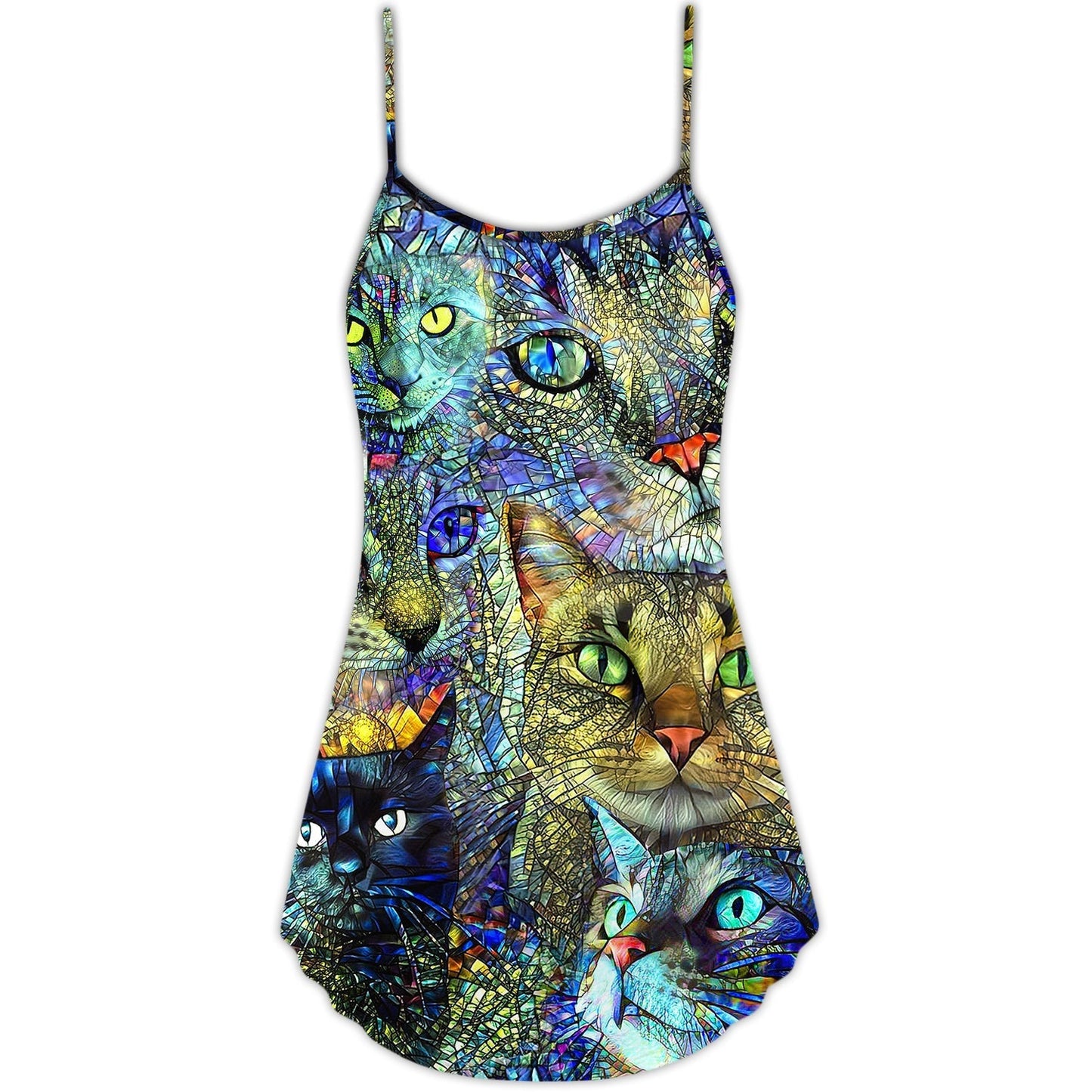 Colorful Cat Art Lover V-Neck Sleeveless Cami Dress For Festivals Parties And Fun Warm Weather Outfits