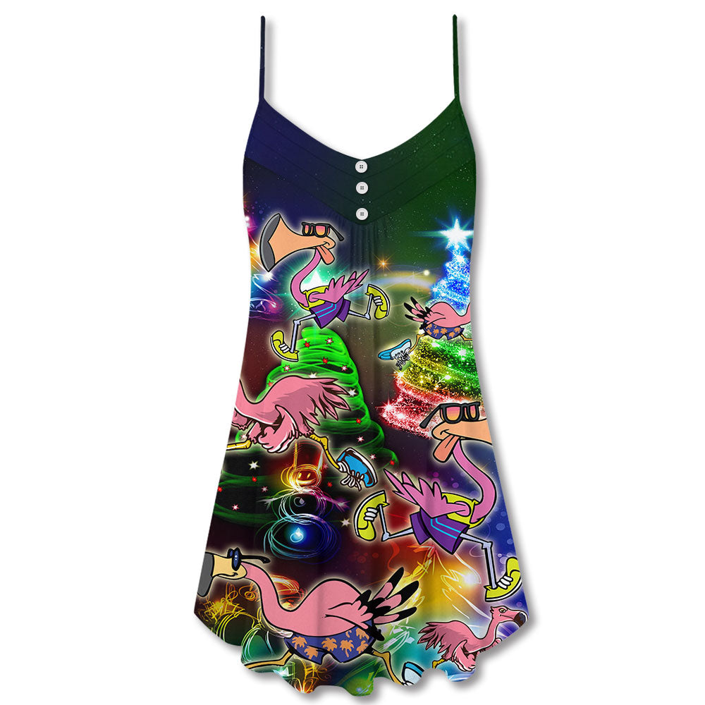 Flamingo Running Christmas Neon – Women's Summer Sleeveless V-Neck Camisole Dress