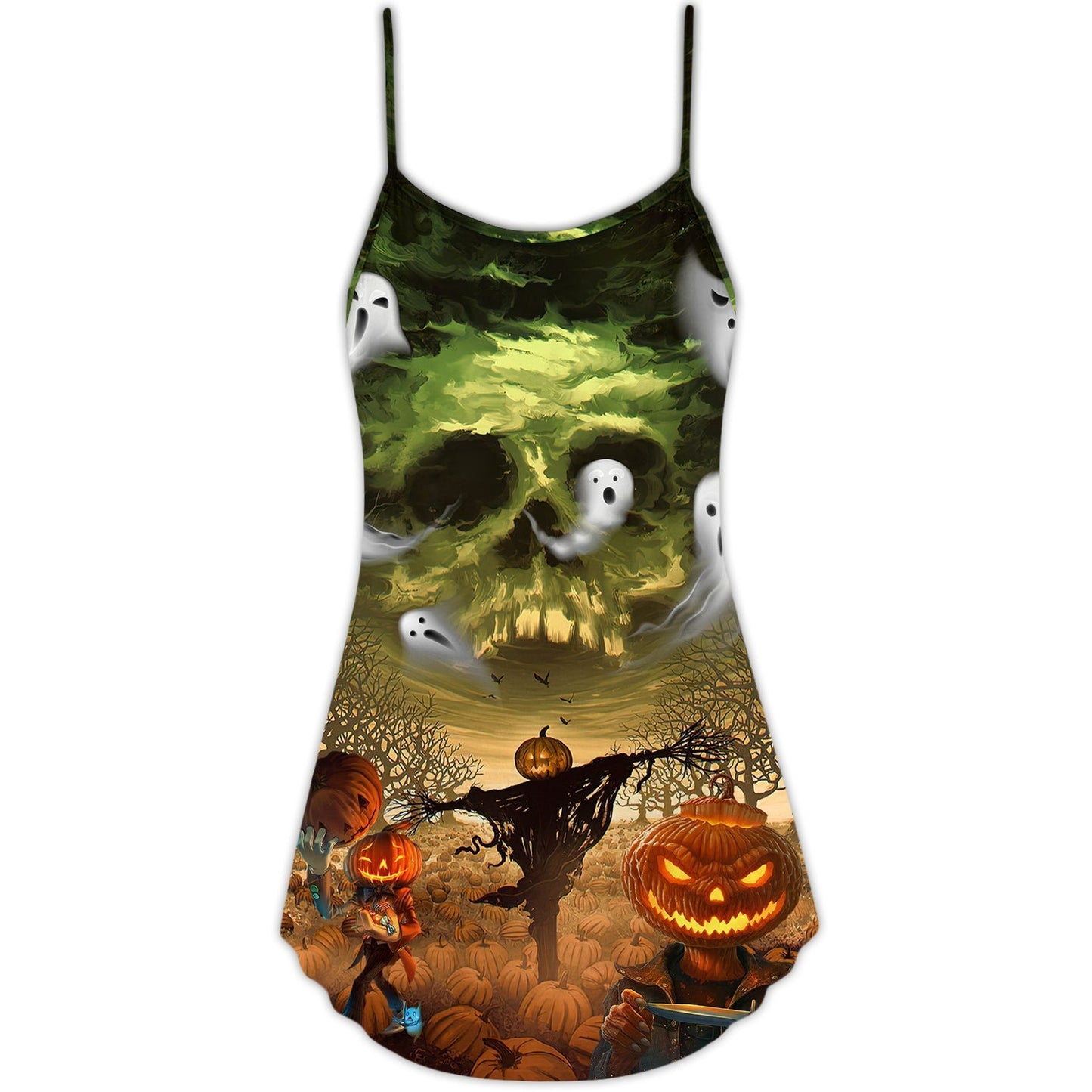 Halloween Crazy Pumpkin Ghost V-Neck Sleeveless Cami Dress For Spooky Season Events And Relaxed Casual Styling